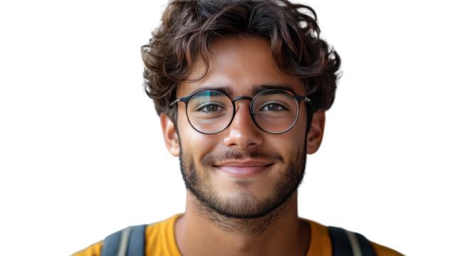 A Portrait of Optimism: A handsome young man with curly hair and glasses radiates positivity, his gentle smile hinting at intelligence and approachability, capturing the essence of youthful vitality.