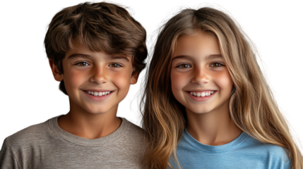 Smiling Kids: Two children, a boy and a girl, radiate genuine happiness as they smile cheerfully at the viewer, their eyes sparkling with innocence and joy, capturing a moment of pure delight.