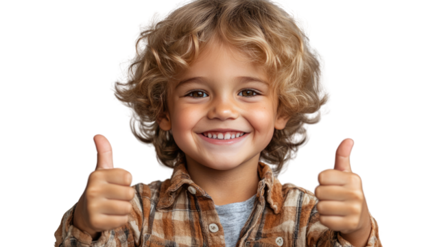 Joyful Approval: A cheerful young boy with blond curly hair gives a double thumbs-up, radiating positivity and glee. He is the epitome of happiness. 