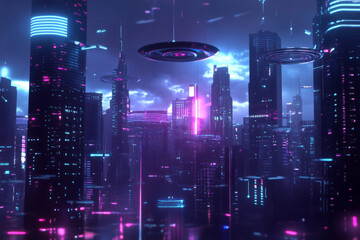 Obraz premium A cyberpunk-inspired 3D music background with a dark, atmospheric cityscape filled with floating digital music waves. Neon equalizers glow above the skyline, while metallic audio rings pulsate in the