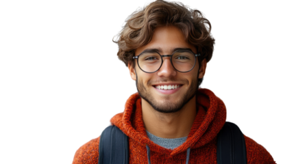 Smiling Student with Glasses: A friendly young man with curly hair and glasses, wearing a casual outfit with a backpack, smiles directly at the camera, exuding approachability. 