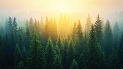 Sunrise over misty mountain forest