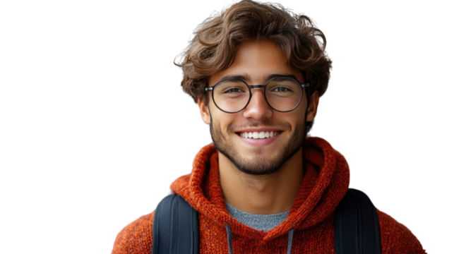 Smiling Student with Glasses: A friendly young man with curly hair and glasses, wearing a casual outfit with a backpack, smiles directly at the camera, exuding approachability. 