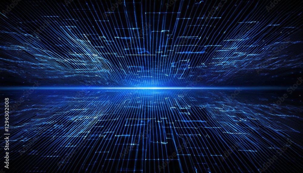 Aufkleber futuristic blue digital grid horizon with glowing light burst, abstract cyberspace background for te