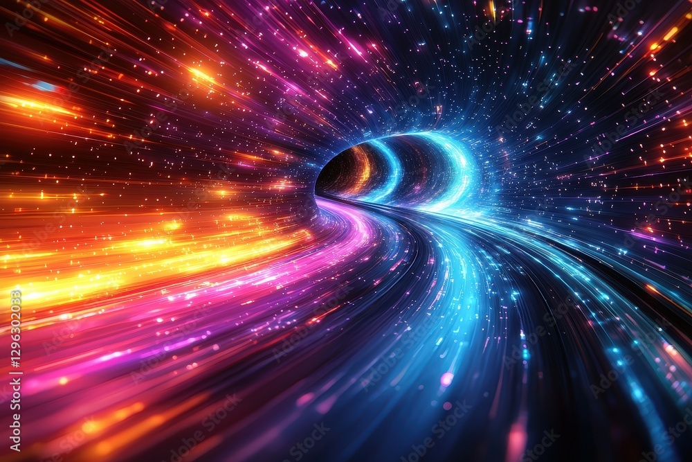Poster vibrant abstract light tunnel with colorful streaks of light and stars creating a sense of motion an