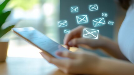 Compose a smart SMS message on your tablet, a digital icon that unveils an email, ready for your business communication, contact newsletter, or marketing campaign. Share your message on the web and