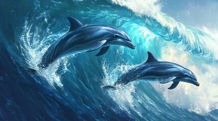 Fototapeta premium Aerial drone view of dolphins surfing side by side in a deep blue ocean