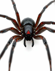 Fototapeta premium Close Up of a Black Spider with Red Mark on White Background