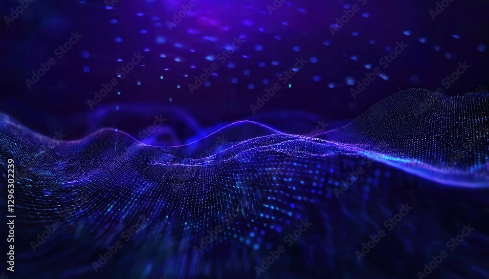 Poster futuristic digital wave with glowing blue nodes on a dark background, abstract cyber landscape for t