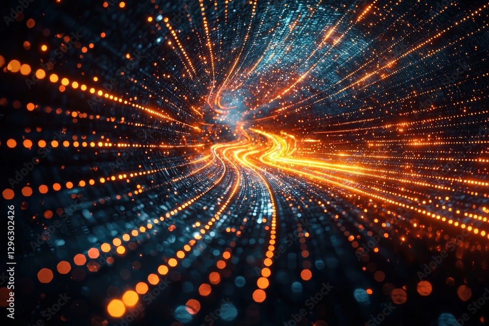 Poster abstract digital background with bright orange and blue light trails in motion, creating a futuristi