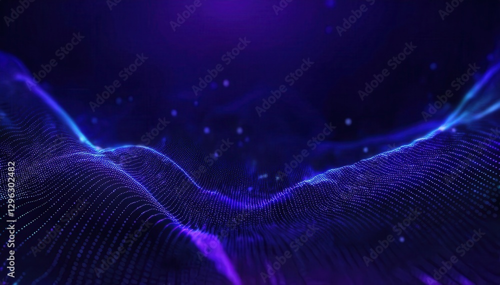 Poster futuristic digital wave with glowing blue nodes on a dark background, abstract cyber landscape for t