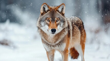 Obraz premium Majestic Wolf Stands in Snowy Forest Under Falling Snowflakes