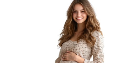Expecting Happiness: A radiant expectant mother, her gentle touch cradling her baby bump, beams with a heartwarming smile, embodying the joy and anticipation of new life.