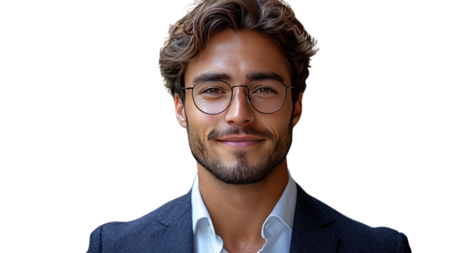 Smart and Confident: A handsome man with spectacles, a captivating gaze, and a subtle smile. His expression reflects intelligence and self-assurance. 