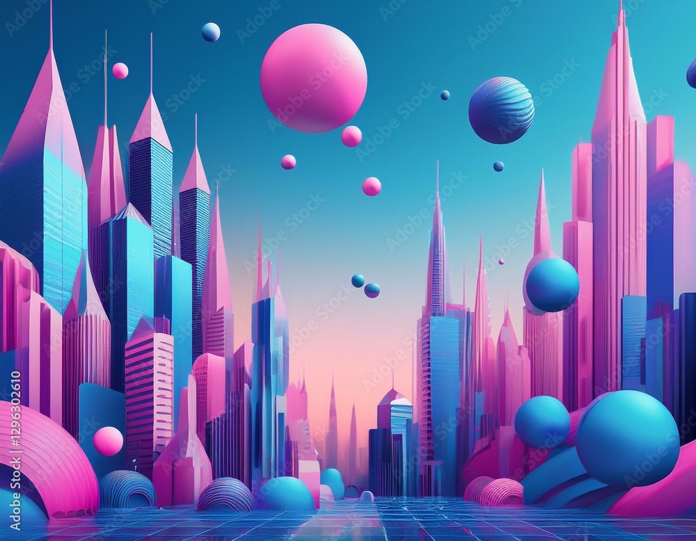 Poster futuristic abstract cityscape with vibrant colors and geometric shapes features tall angular buildin