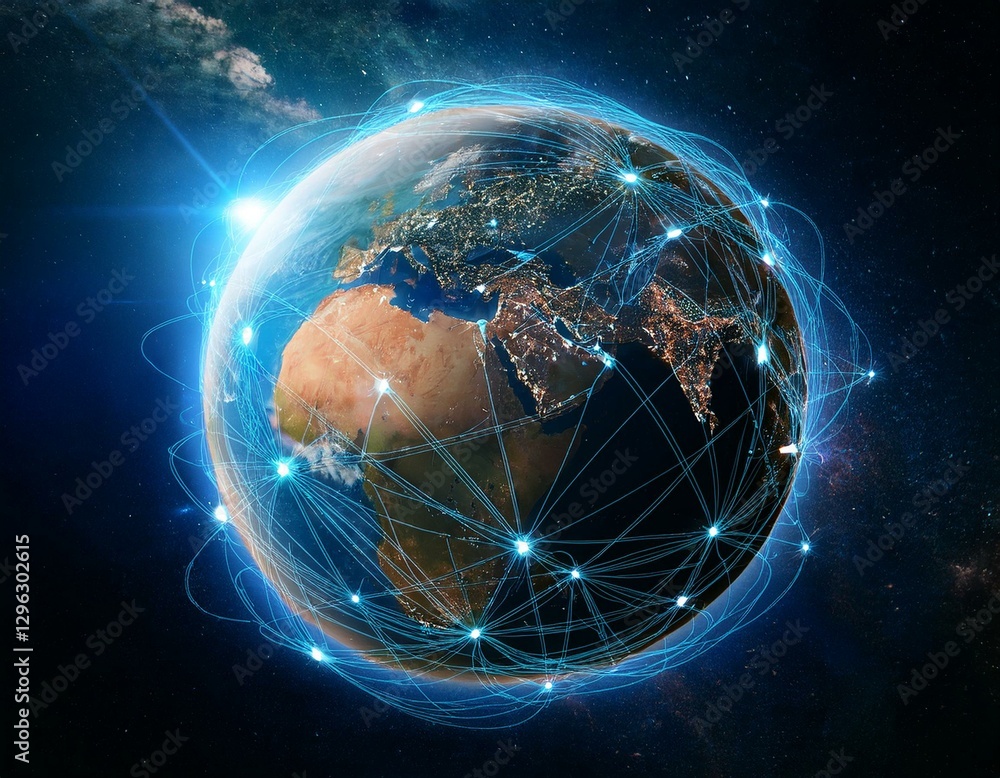 Poster high tech visualization of earth from space showcasing global networks and digital connectivity