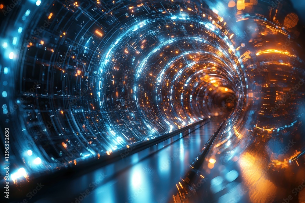 Poster abstract colorful digital tunnel with light trails, glowing circles, and futuristic patterns in a me