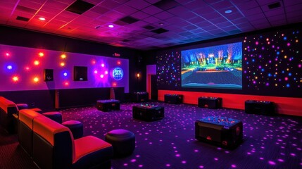 Vibrant, illuminated indoor entertainment space with seating, colorful lighting, and a large screen.