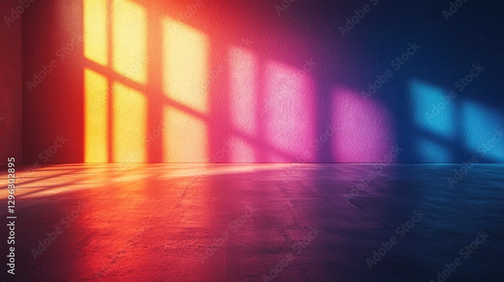 Poster vibrant light patterns on wall and floor in empty room creating colorful atmosphere and artistic amb