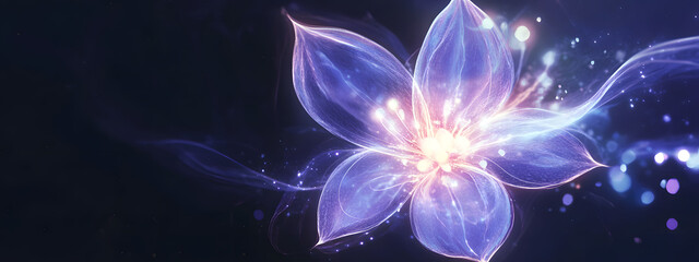 Flowers with iridescent colors and light effects, white lines, purple and blue gradients
