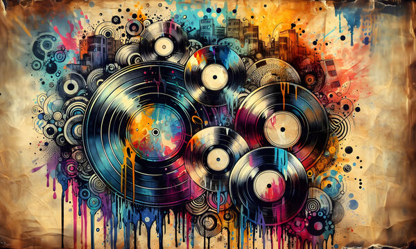 Schallplatte, grunge Vinyl Records, Pop Art Graffiti, lebendige Farbe. zerlaufene Tintenstruktur, Street Art, vintage, Papier Hintergrund