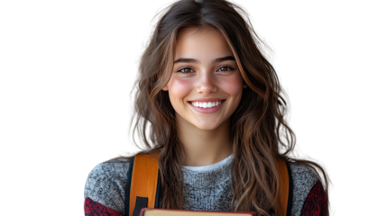 Student's Radiant Smile: A close-up portrait of a beautiful young student with long flowing brown hair, carrying books and a backpack, wearing casual attire.