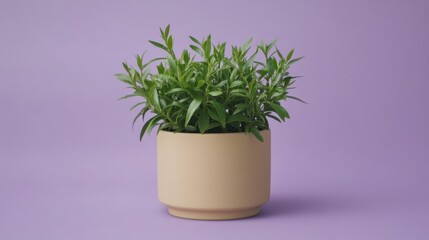 A bushy tea plant with dew-kissed leaves in a beige pot, standing out against a lavender-toned background