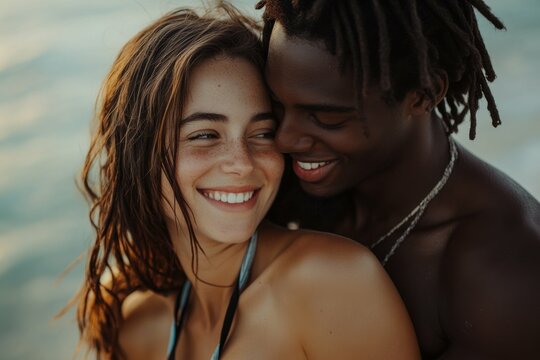 Young Diverse Biracial Couple Enjoying Fun Day at the Beach Together