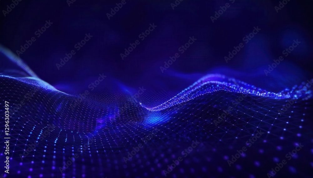 Poster futuristic digital wave with glowing blue nodes on a dark background, abstract cyber landscape for t