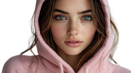 Ethereal Beauty: A portrait of a woman with captivating eyes in a pink hooded top, exuding a sense of serene beauty and inner confidence.