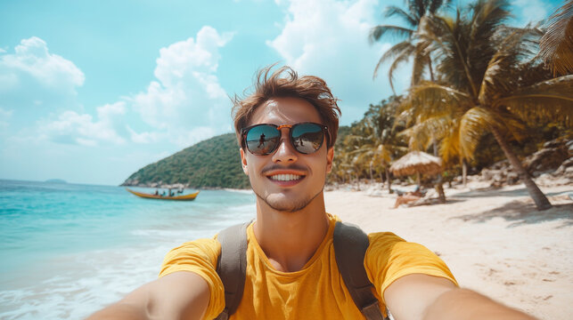 man in yellow shirt takes selfie on tropical beach with palm trees and boat in background, enjoying sunny day