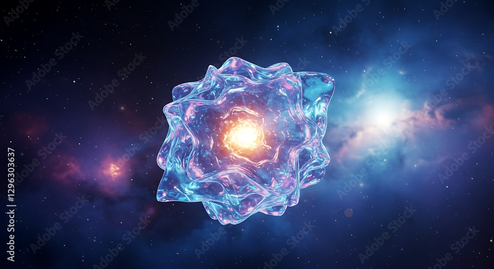 Poster glowing abstract shape floating in deep space with colorful nebulae