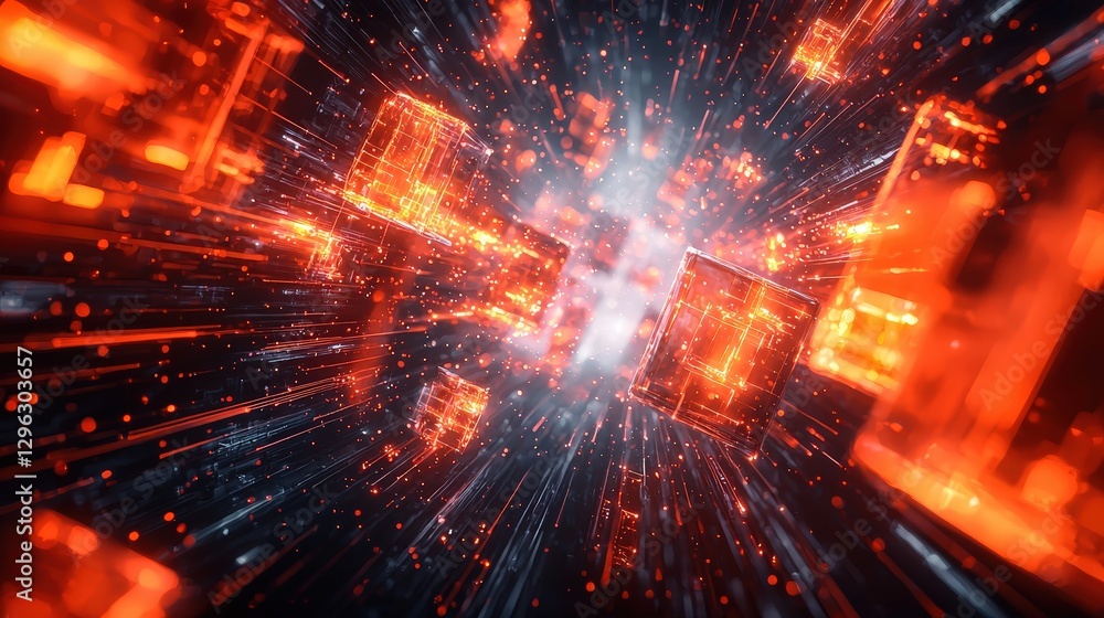 Poster dynamic abstract background with bright red and dark blue light rays and geometric shapes in a futur