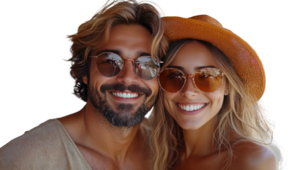 Summer Smile: A radiant couple beams with joy, basking in the warmth of a sunny day, their faces illuminated by the golden light and stylish sunglasses. A picture of carefree lifestyle.