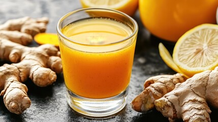Glass of orange juice with ginger slices on wooden table in bright light setting