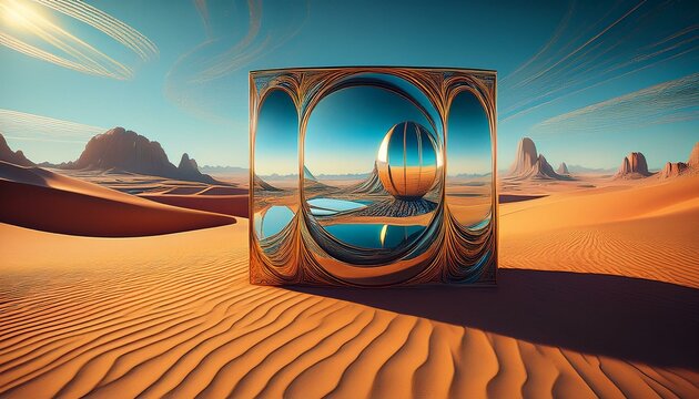 a desert so surreal itrs filled with mirrors showing alternative realities crafting a world of illusions where time and space curl and connect in unanticipated ways