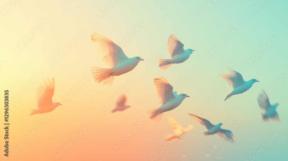 Poster birds taking flight in a colorful sky during sunset over a tranquil landscape. generative ai