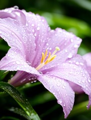 Delicate Pink Rain Lily Blossom Covered in Sparkling Water Droplets in Garden