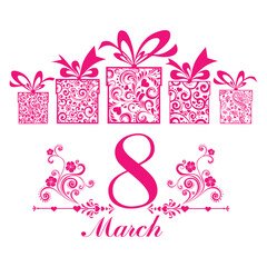 8 march. Women's Day card with gift box isolated on White background. vector  illustration 