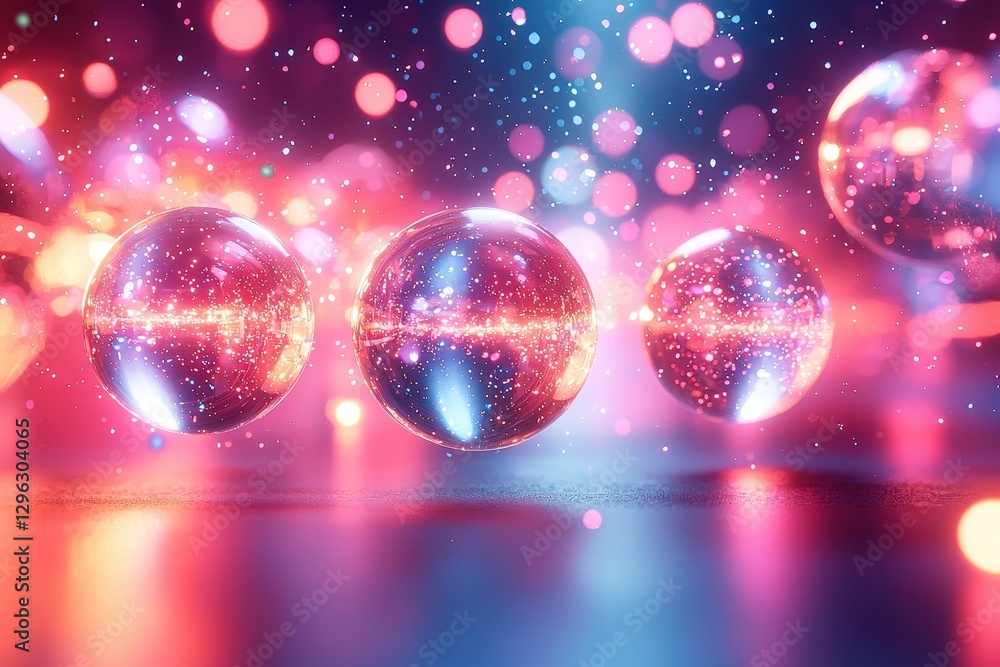 Poster colorful glowing spheres with sparkles and bokeh effect against a vibrant background in a digital ar