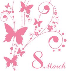 8 March. Greeting card. Celebration background with flowers, butterfly and place for your text. Vector Illustration 