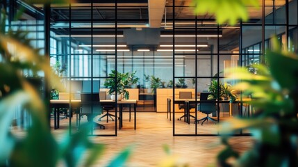 A professional office interior, blurred yet detailed, reveals a glimpse of a glass wall and a partially opened door, bathed in a soft, bokeh-filled glow that suggests a modern, successful work