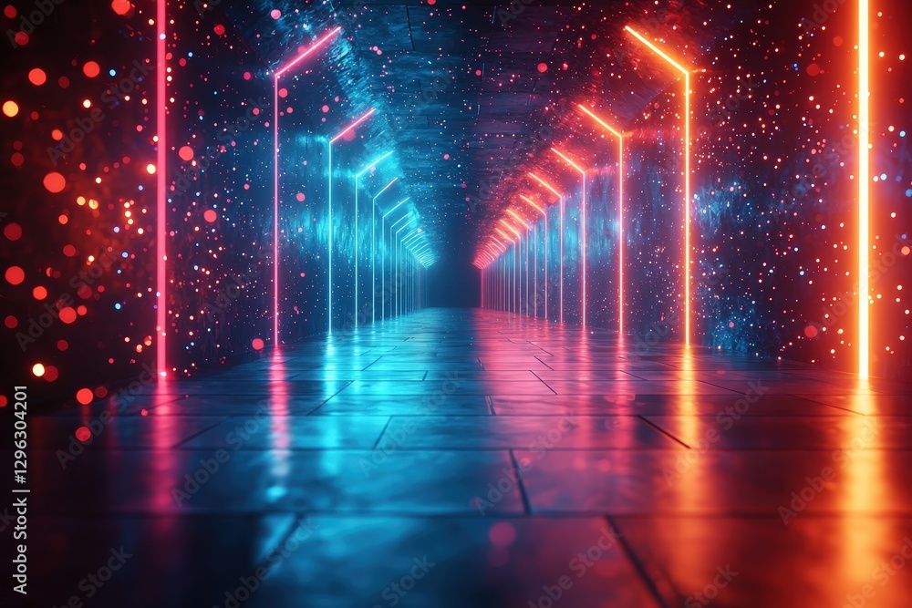 Poster colorful neon corridor with sparkling lights creating a futuristic and enchanting ambience in a dark