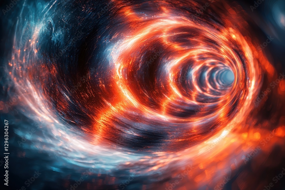Poster abstract cosmic tunnel with vibrant orange and blue swirling patterns creating a sense of movement a