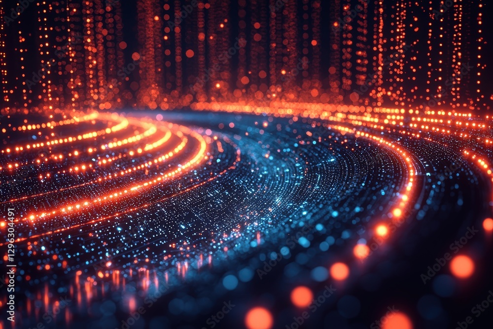 Poster illuminating abstract background with glowing dots and wavy lines in dynamic blue and orange colors