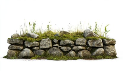 Stone Wall with Green Grass and Wildflowers on Top