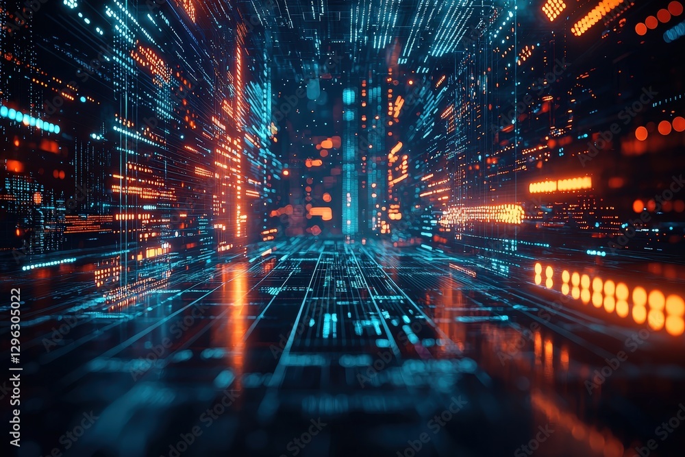 Aufkleber futuristic digital space with glowing data stream and neon lights in 3d perspective visualization