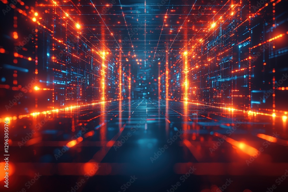 Poster futuristic data space with glowing lines and digital patterns in blue and orange hues for technology