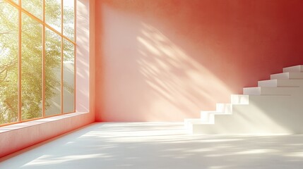 Obraz premium Bright and Airy Minimalist Interior with Sunlight Filtering Through Large Window and Soft Pastel Pink Walls