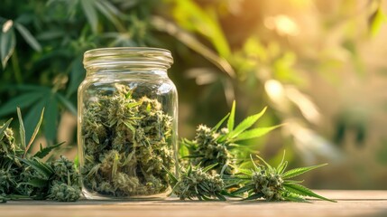Fresh Cannabis Buds in Glass Jar Surrounded by Greenery